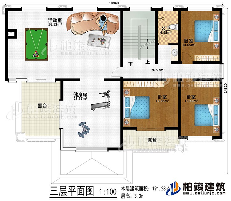 三层：健身房、活动室、3卧室、公卫、２露台