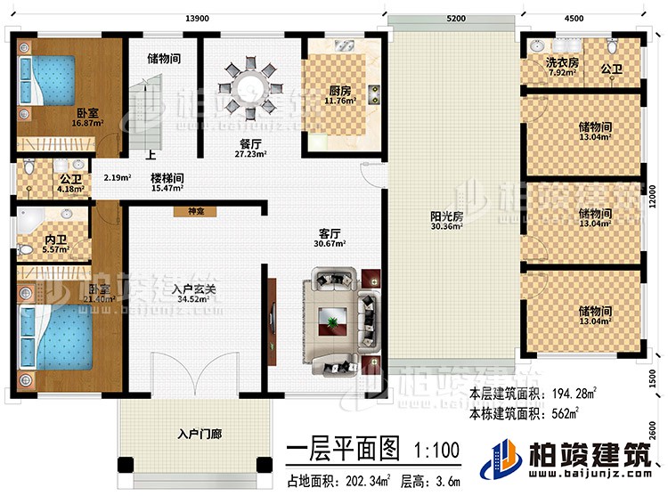 一层：入户门廊、入户玄关、神龛、客厅、餐厅、厨房、4储物间、楼梯间、洗衣房、2公卫、2卧室、内卫、阳光房